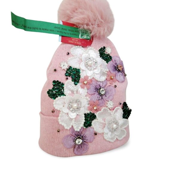 Thoughtfully Elevated Dusty Rose Pom-Pom Beanie Embroidered Florals TT1523 - Picture 2 of 4